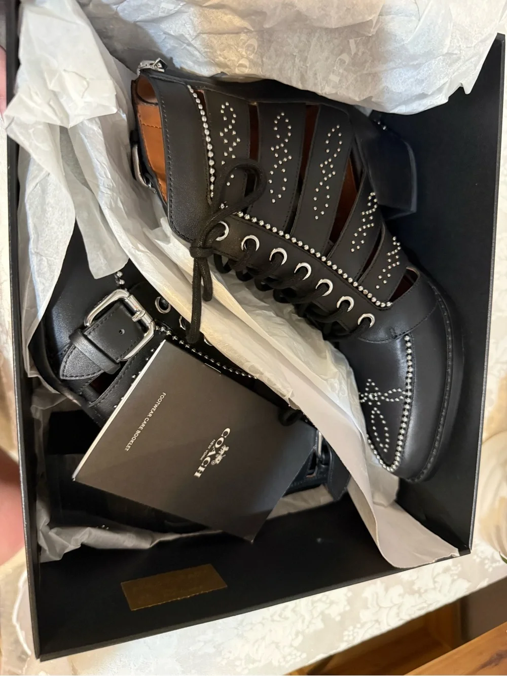 Coach Paisley Black Stud Lace up Leather Heel Boots size 7.5 NEW Rocker Concert